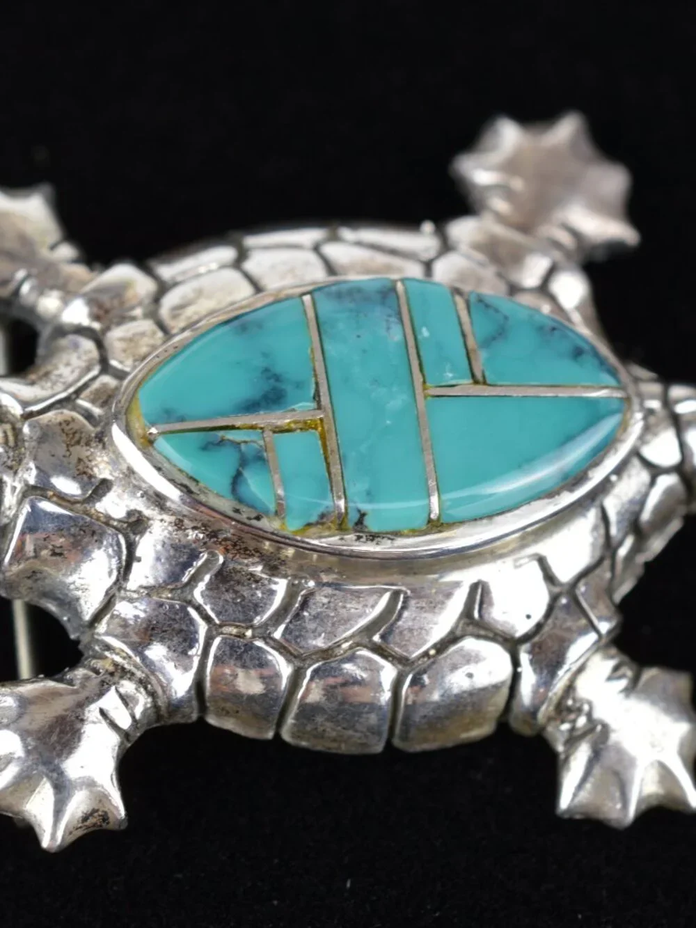 Vintage Sterling Silver Mosaic Turquoise Inlay Turtle Pin Pendant Brooch 12.6g